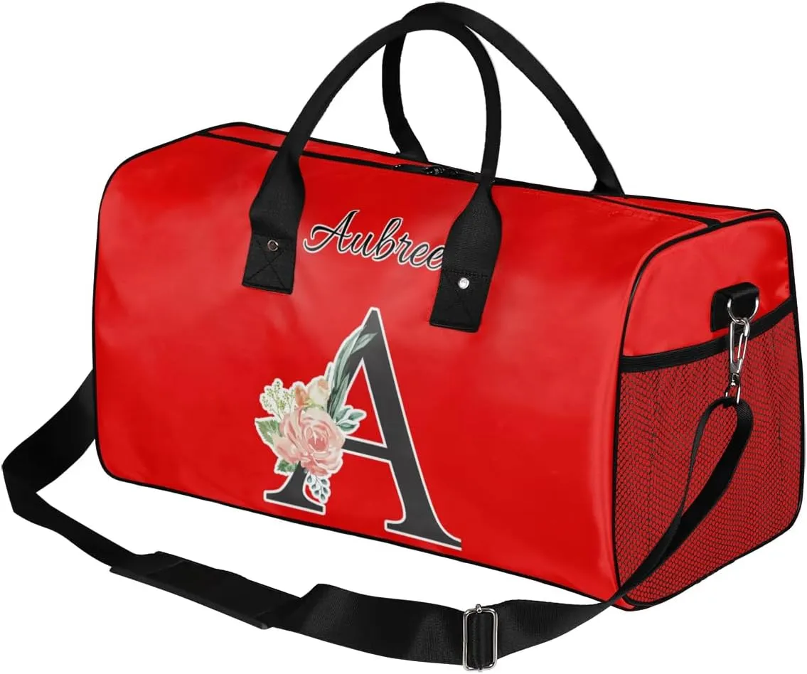 Custom Travel Duffel Bag with Initial, Personalized Letters Gym Bag for Women Men Sports Bags for Swimming Running Playing, Weekender Overnight Bags, Coral Red A