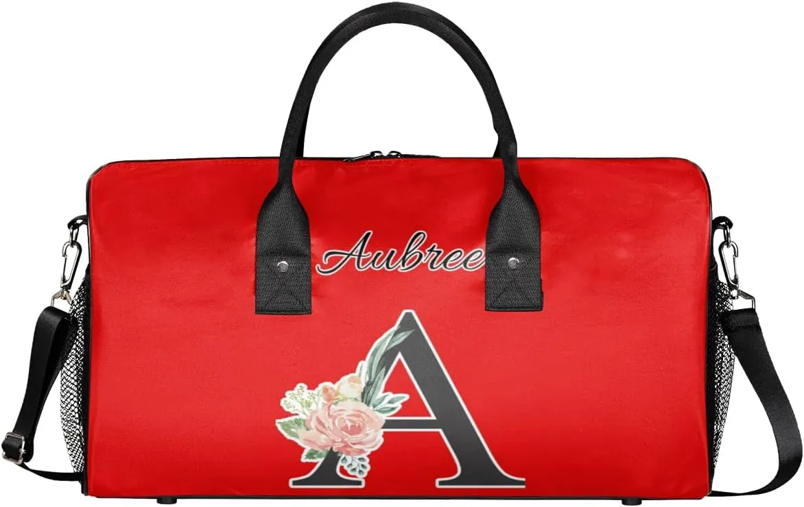 Custom Travel Duffel Bag with Initial, Personalized Letters Gym Bag for Women Men Sports Bags for Swimming Running Playing, Weekender Overnight Bags, Coral Red A