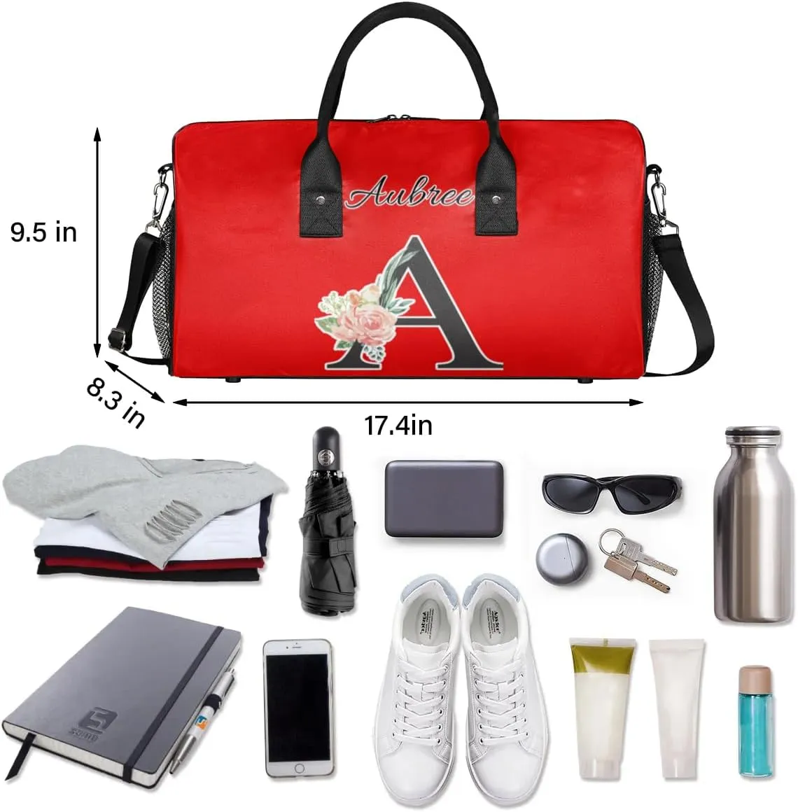 Custom Travel Duffel Bag with Initial, Personalized Letters Gym Bag for Women Men Sports Bags for Swimming Running Playing, Weekender Overnight Bags, Coral Red A