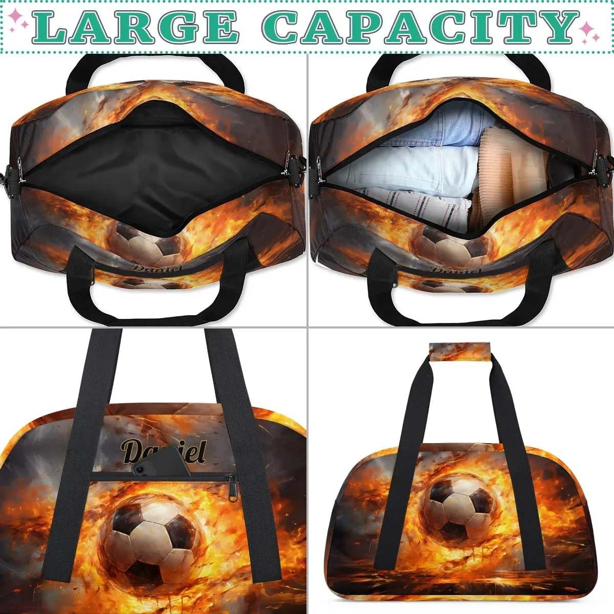 Customized Duffel Bags for Traveling Kids Gym Bag Small Soccer Tote Fire Black Bag Sport Bag with Name As Gifts for Boys