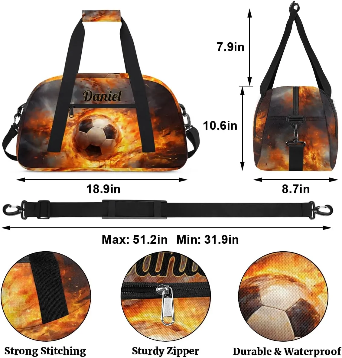 Customized Duffel Bags for Traveling Kids Gym Bag Small Soccer Tote Fire Black Bag Sport Bag with Name As Gifts for Boys