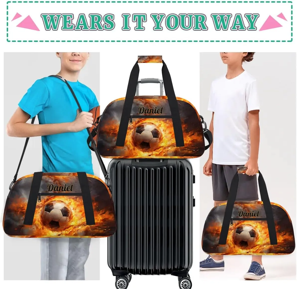 Customized Duffel Bags for Traveling Kids Gym Bag Small Soccer Tote Fire Black Bag Sport Bag with Name As Gifts for Boys
