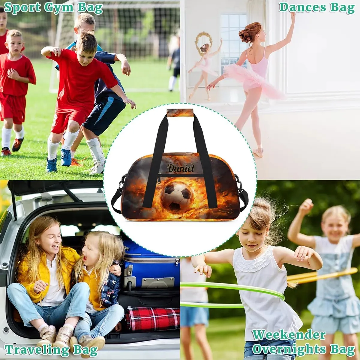 Customized Duffel Bags for Traveling Kids Gym Bag Small Soccer Tote Fire Black Bag Sport Bag with Name As Gifts for Boys