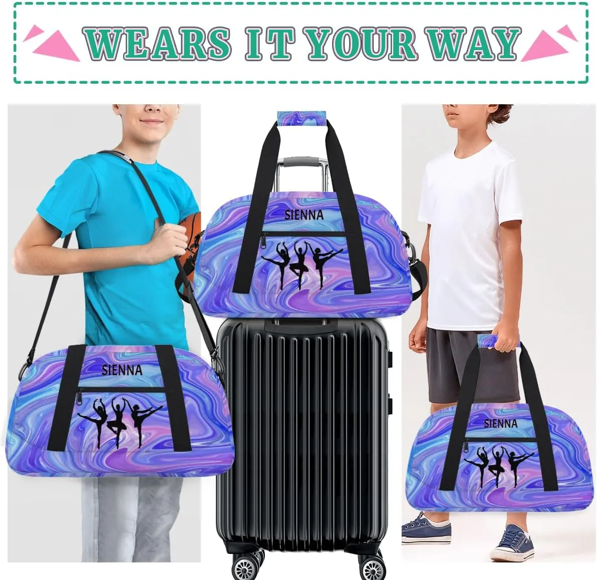 Customized Name Dance Bag for Girls, Personalized Gym Bag Sports Travel Duffle Bag Tote Carry On Weekend Sports Travel Bag, Purple Blue Marble Texture