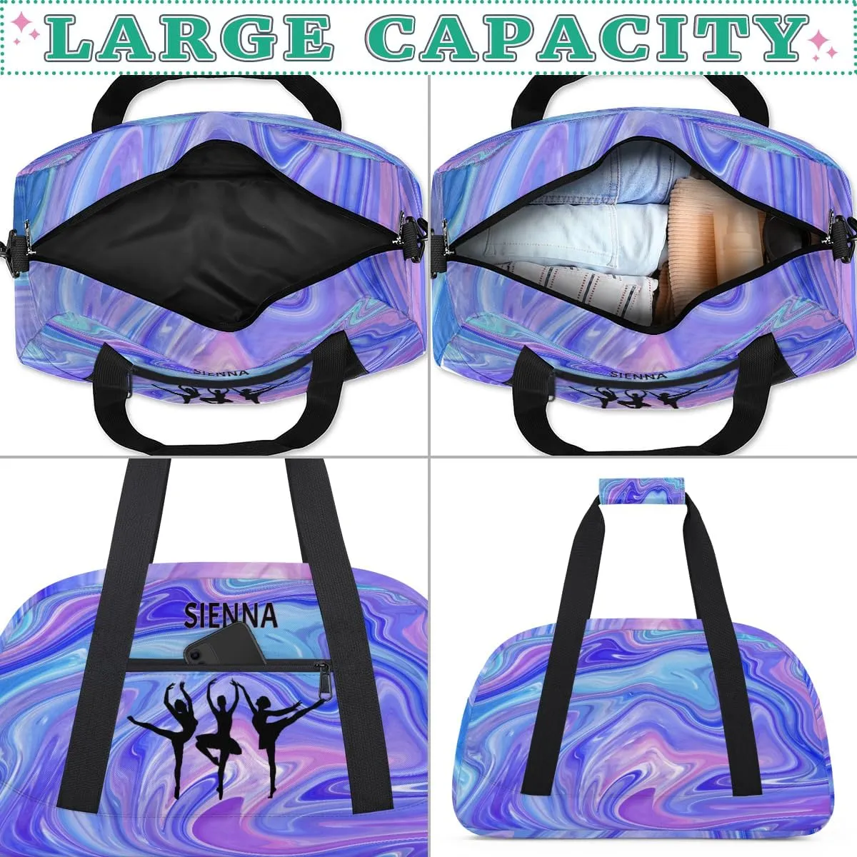 Customized Name Dance Bag for Girls, Personalized Gym Bag Sports Travel Duffle Bag Tote Carry On Weekend Sports Travel Bag, Purple Blue Marble Texture