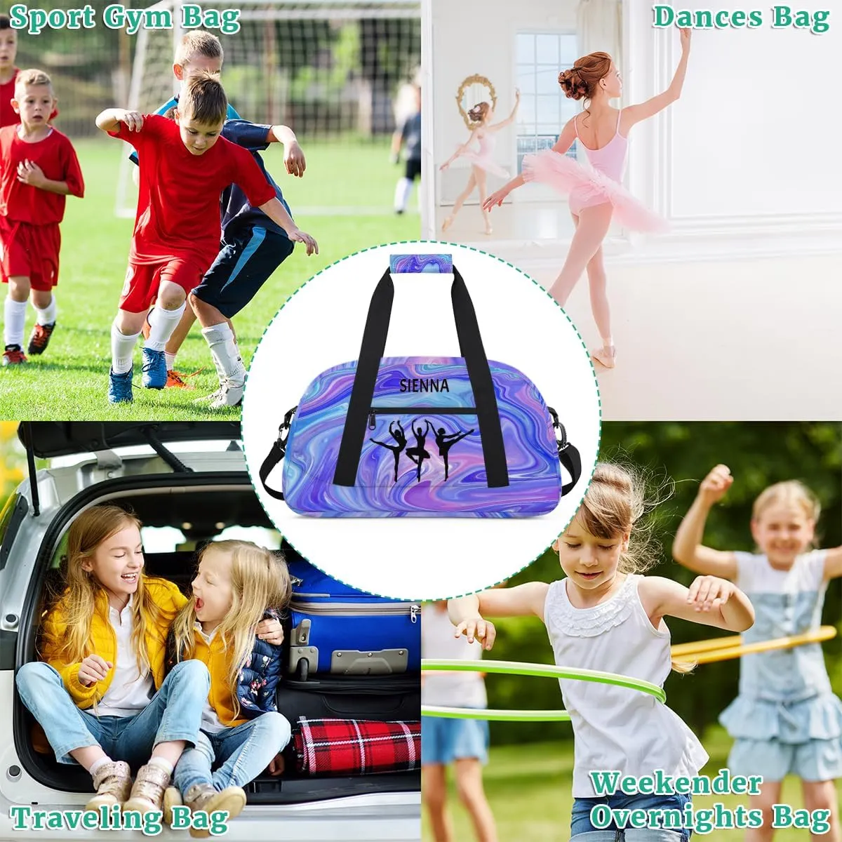 Customized Name Dance Bag for Girls, Personalized Gym Bag Sports Travel Duffle Bag Tote Carry On Weekend Sports Travel Bag, Purple Blue Marble Texture