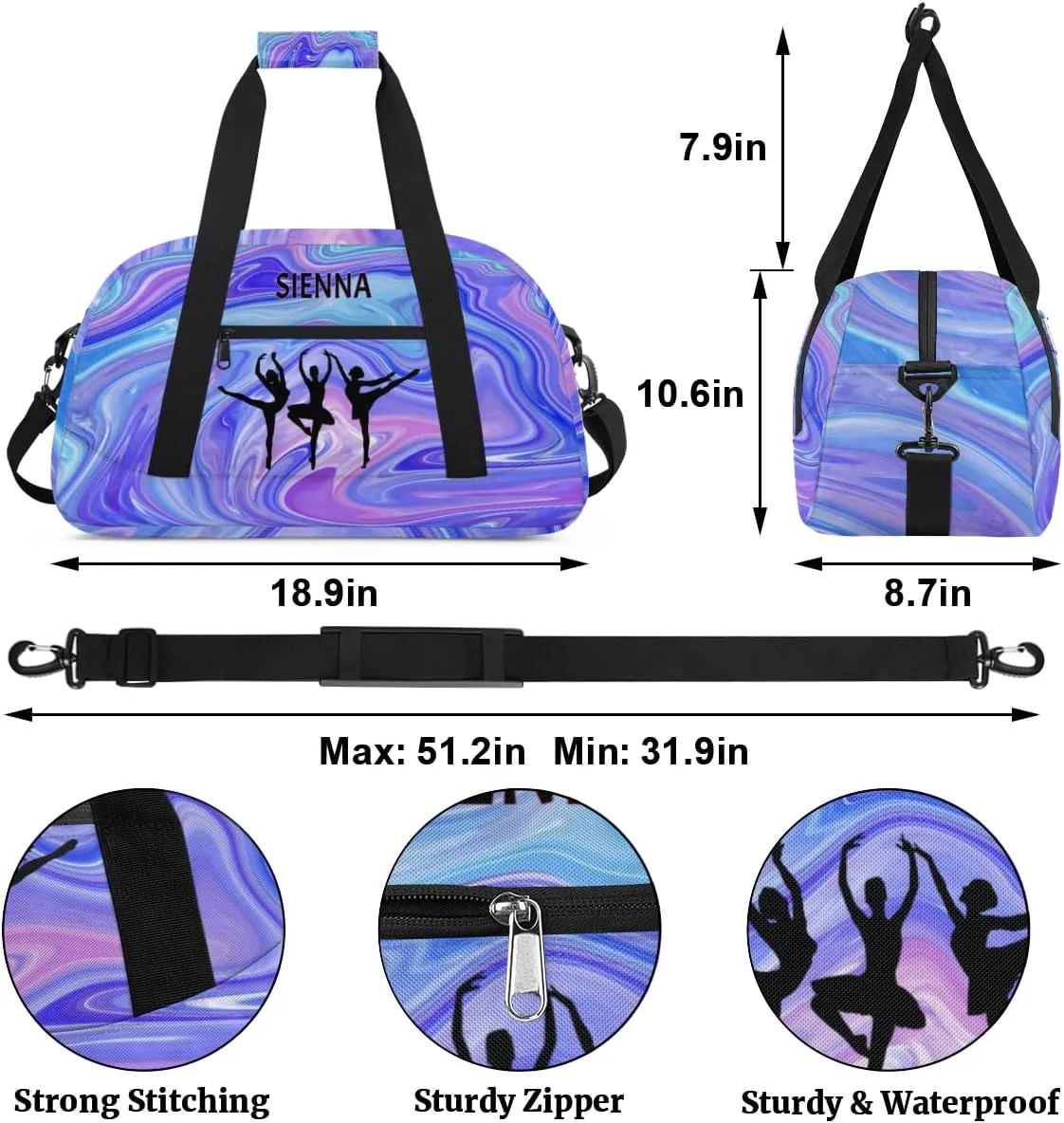 Customized Name Dance Bag for Girls, Personalized Gym Bag Sports Travel Duffle Bag Tote Carry On Weekend Sports Travel Bag, Purple Blue Marble Texture