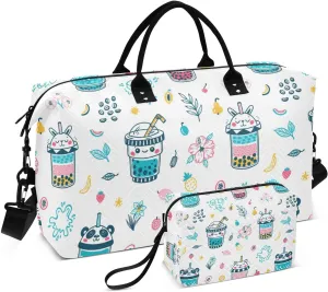 Cute Bubble Tea Duffle Bags for Women Men Waterproof Weekender Overnight Bags Hospital Bag Large Tote Bag with Toiletry Bag for Yoga Gym Travel Sport Hospital