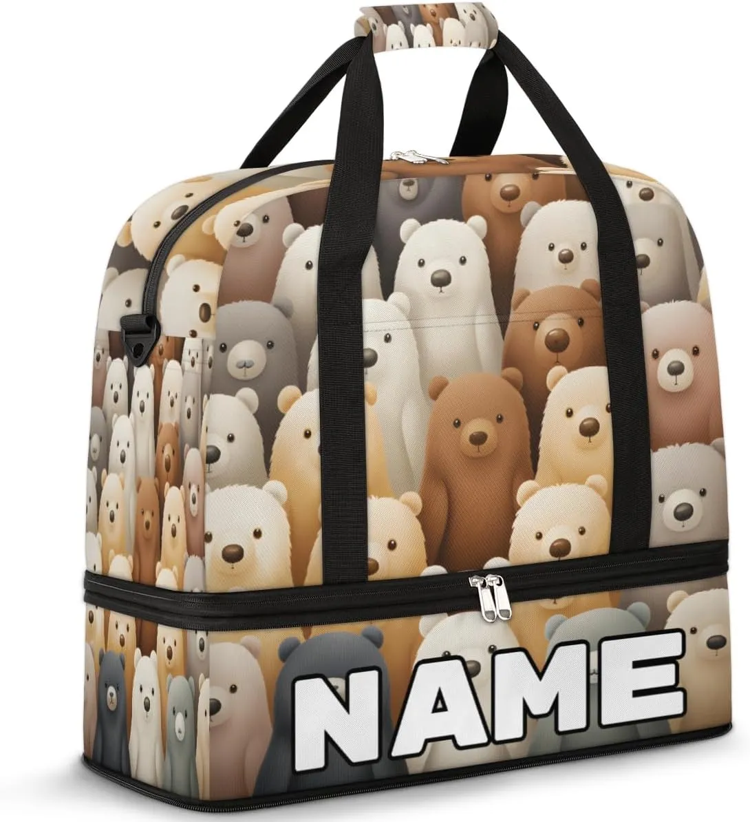Cute Cartoon Bears Custom Foldable Duffle Bag with Shoes Compartment Personalized Large Capacity Waterproof Travel Weekender Bag Overnight Bag for Sports Gym