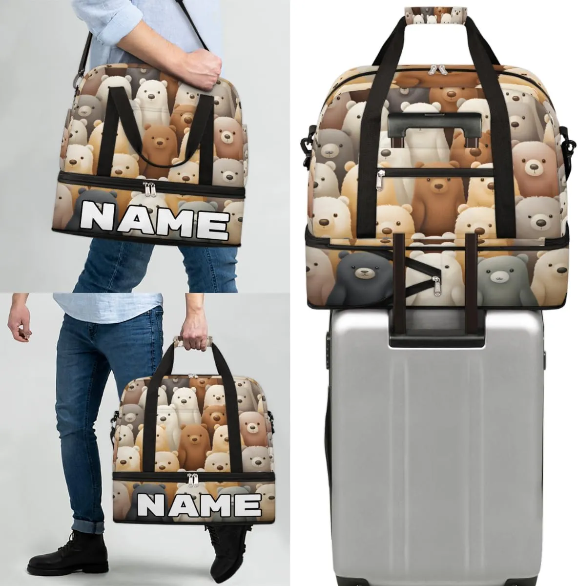 Cute Cartoon Bears Custom Foldable Duffle Bag with Shoes Compartment Personalized Large Capacity Waterproof Travel Weekender Bag Overnight Bag for Sports Gym