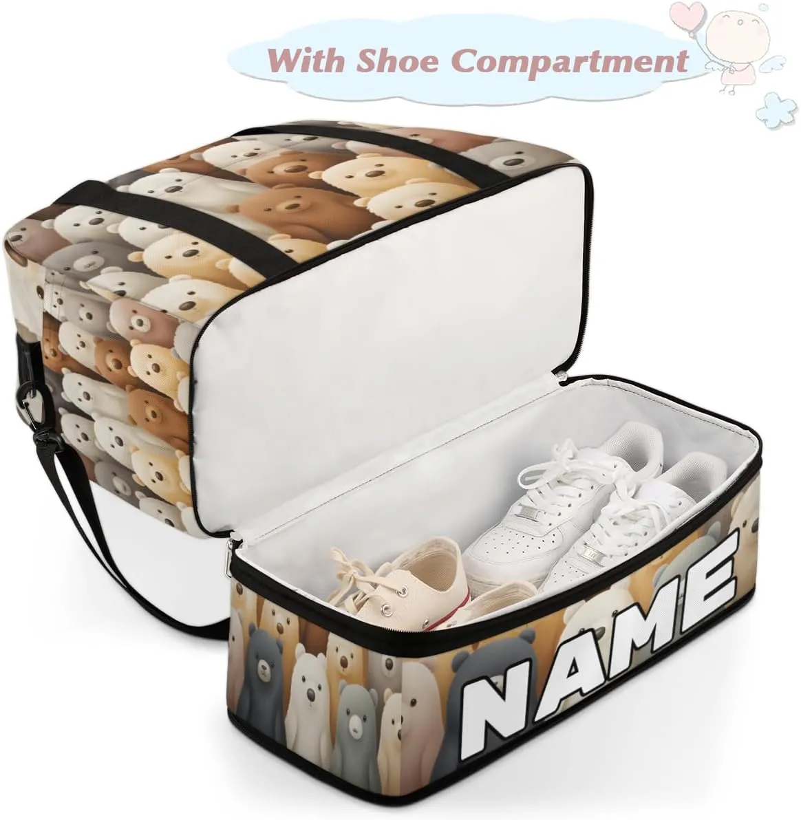Cute Cartoon Bears Custom Foldable Duffle Bag with Shoes Compartment Personalized Large Capacity Waterproof Travel Weekender Bag Overnight Bag for Sports Gym