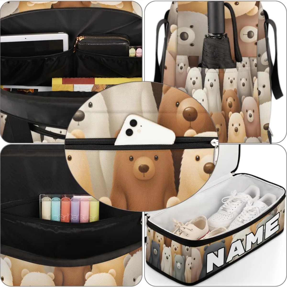 Cute Cartoon Bears Custom Foldable Duffle Bag with Shoes Compartment Personalized Large Capacity Waterproof Travel Weekender Bag Overnight Bag for Sports Gym