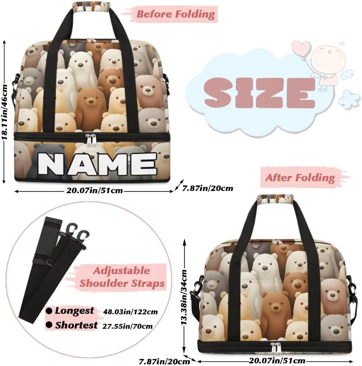 Cute Cartoon Bears Custom Foldable Duffle Bag with Shoes Compartment Personalized Large Capacity Waterproof Travel Weekender Bag Overnight Bag for Sports Gym