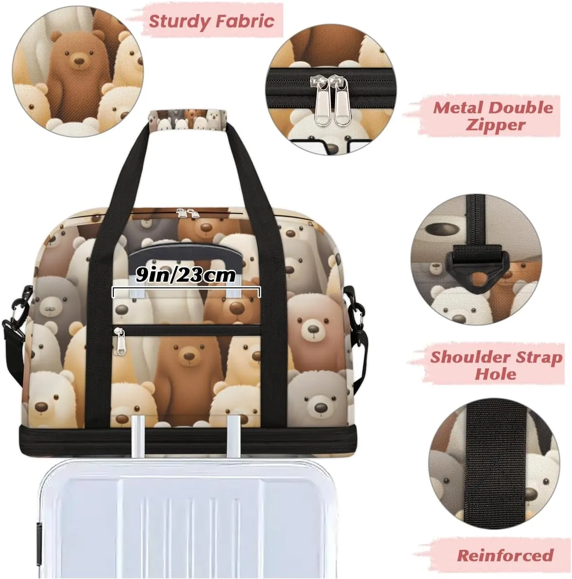 Cute Cartoon Bears Custom Foldable Duffle Bag with Shoes Compartment Personalized Large Capacity Waterproof Travel Weekender Bag Overnight Bag for Sports Gym