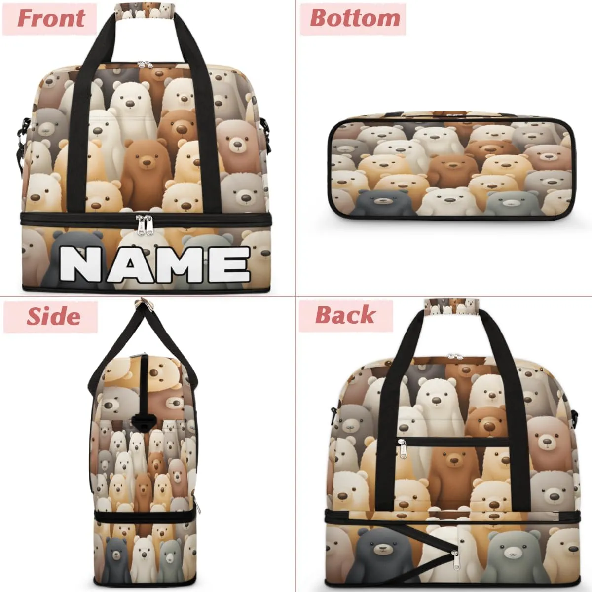 Cute Cartoon Bears Custom Foldable Duffle Bag with Shoes Compartment Personalized Large Capacity Waterproof Travel Weekender Bag Overnight Bag for Sports Gym