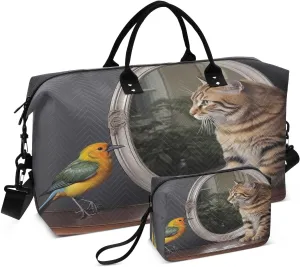 Cute Cat Bird Mirror Sports Gym Bag for Women Men Travel Duffel Bag Weekend Overnight Carry on Bag with Toiletry Bag Hospital Bag for Plane Hospital Swimming Yoga Workout