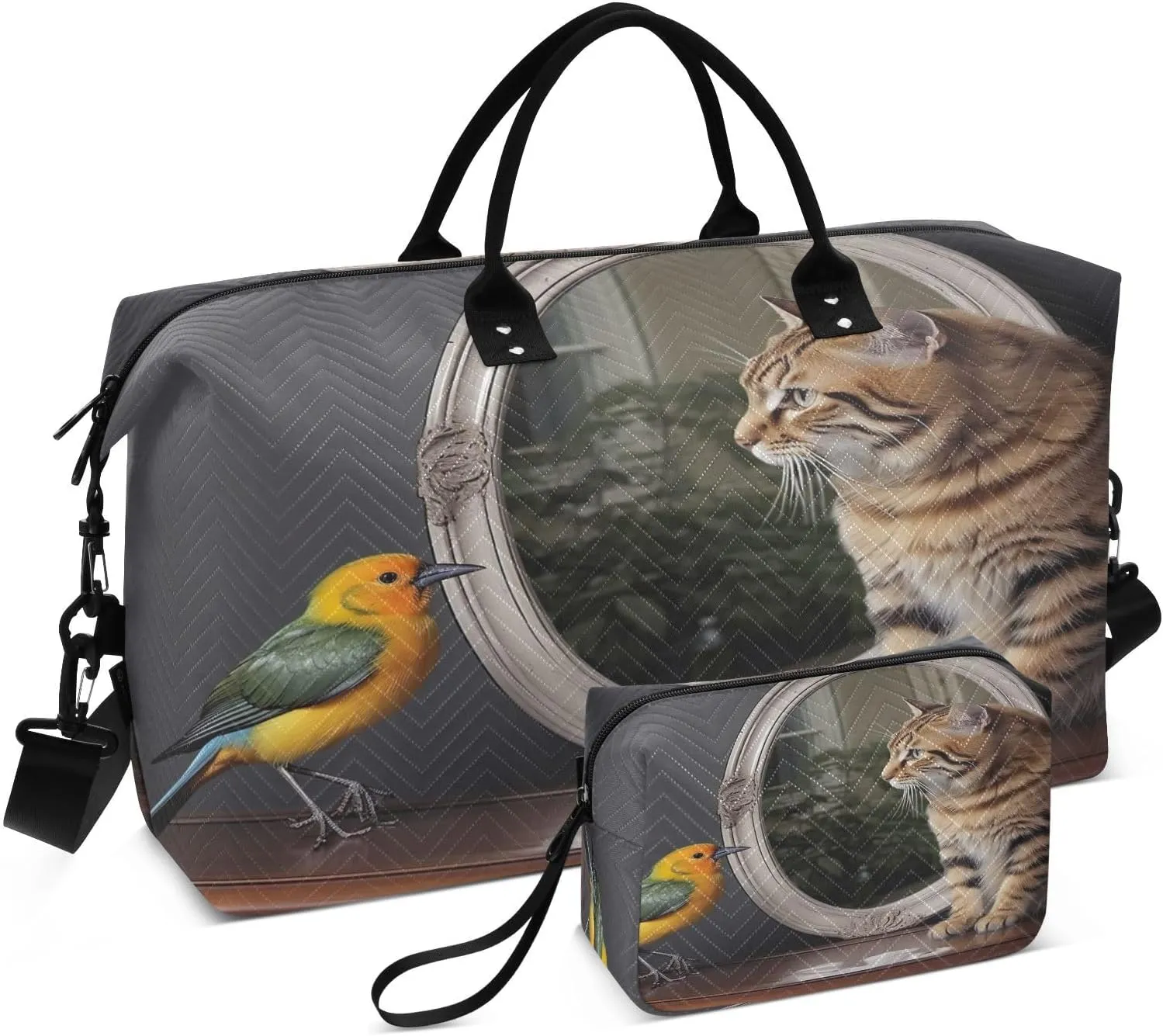Cute Cat Bird Mirror Sports Gym Bag for Women Men Travel Duffel Bag Weekend Overnight Carry on Bag with Toiletry Bag Hospital Bag for Plane Hospital Swimming Yoga Workout