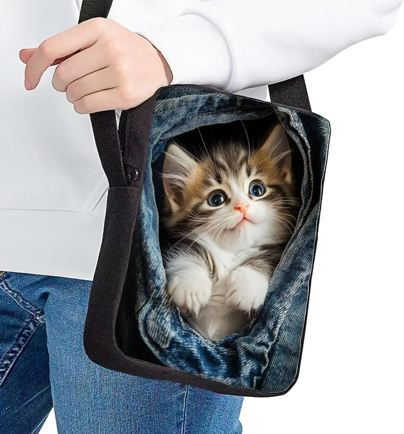Cute Cat Crossbody Bags for Women Lightweight Shoulder Bag Canvas Purse Celphone Case Canvas Messenger Bag Portable Travel Bag