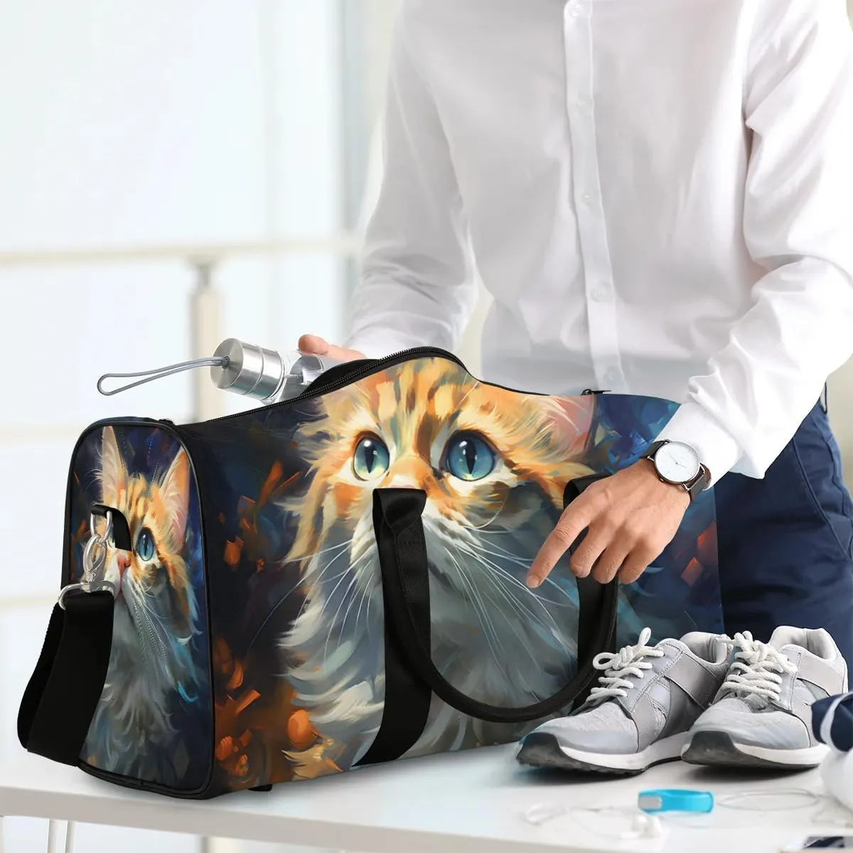Cute Cat Face Travel Duffel Bag for Women Men Waterproof Foldable Overnight Weekender Bag Large Capacity Sports Gym Bag