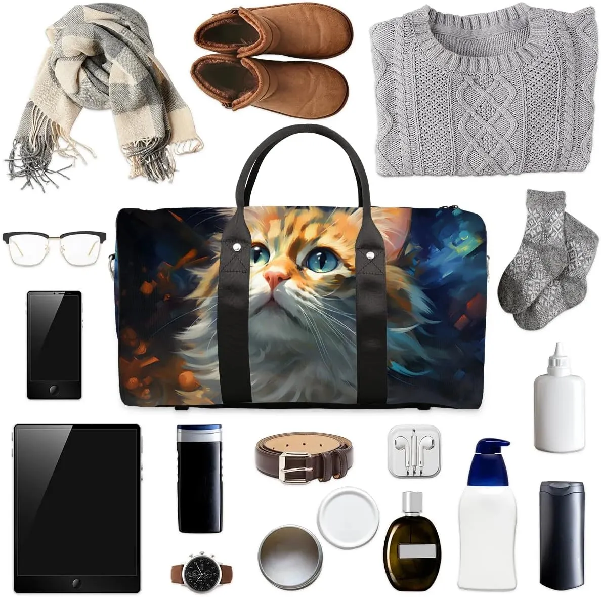 Cute Cat Face Travel Duffel Bag for Women Men Waterproof Foldable Overnight Weekender Bag Large Capacity Sports Gym Bag