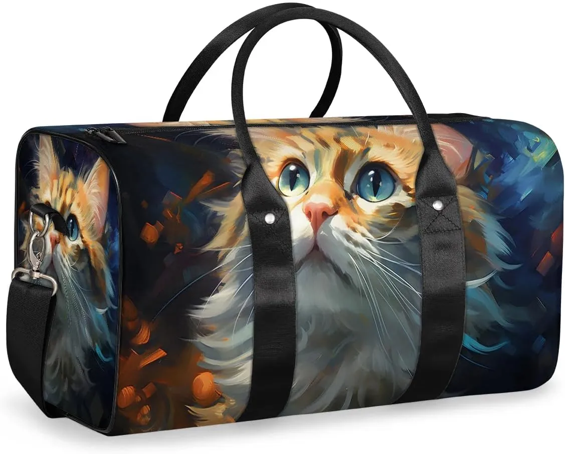 Cute Cat Face Travel Duffel Bag for Women Men Waterproof Foldable Overnight Weekender Bag Large Capacity Sports Gym Bag