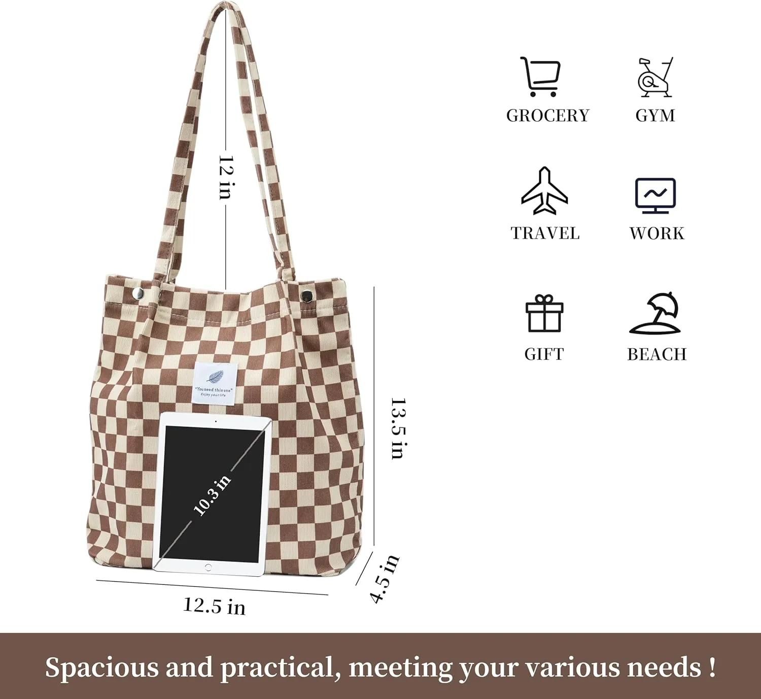 Cute Corduroy Tote Bag Canvas Shoulder Handbags for Women Travel Shopping