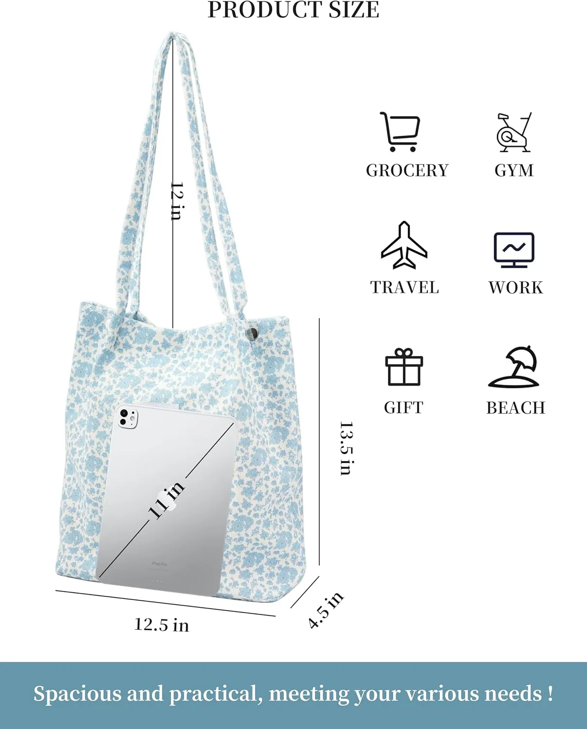 Cute Corduroy Tote Bag Canvas Shoulder Handbags for Women Travel Shopping