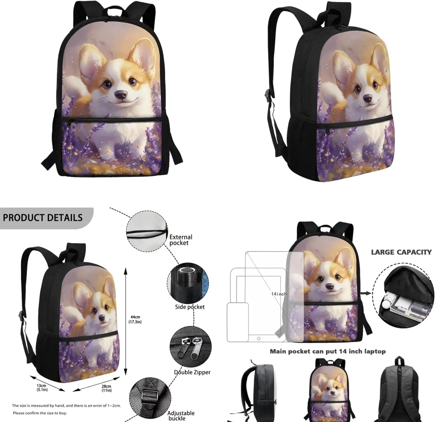 Cute Corgi Backpack for School Girls 4th/5th Grade Kids Bookbag with Lunch Box and Water Bottle Holder Large Pencil Case Set 4 In 1 Elementary Kindergarten School Bag Daycare Satchel Bags