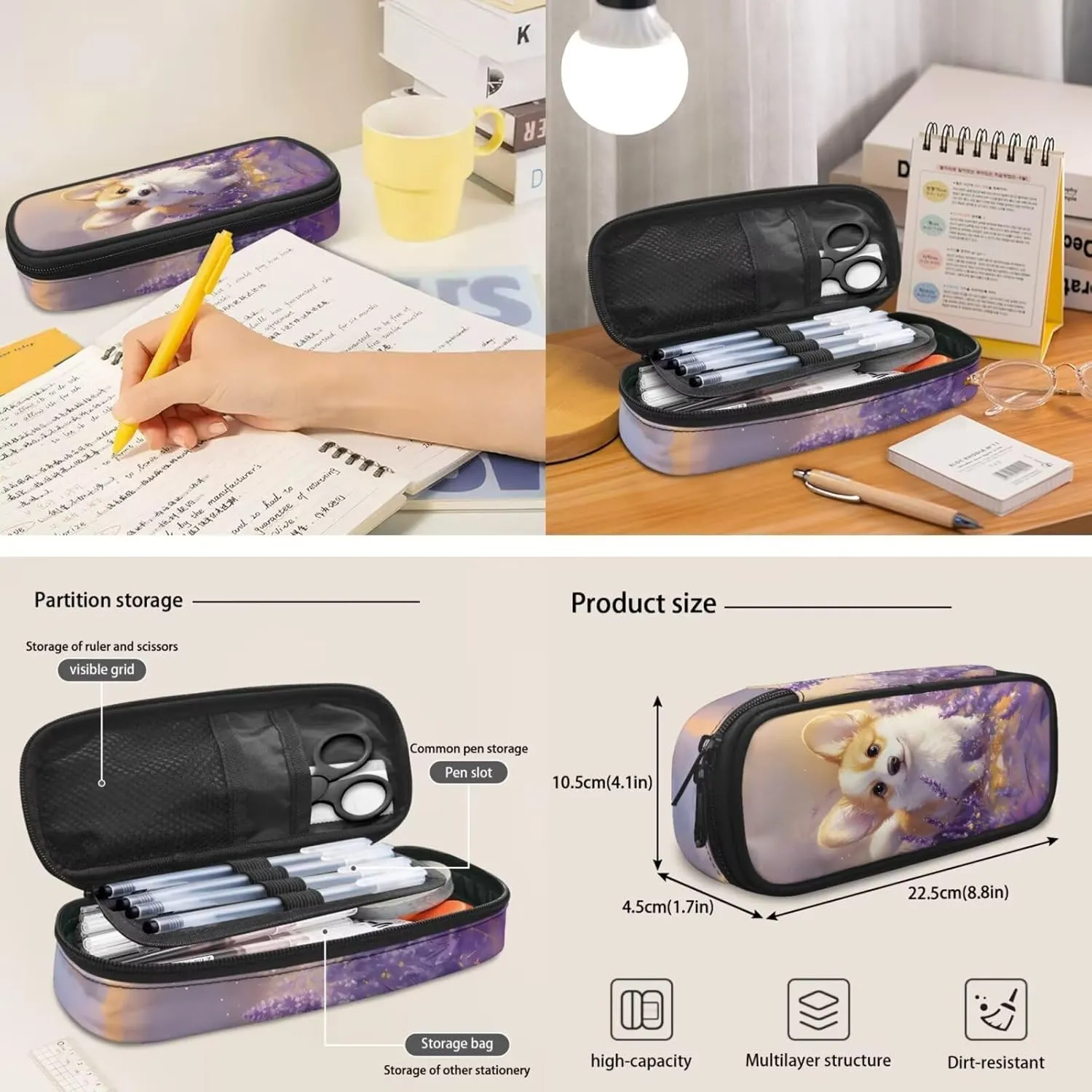 Cute Corgi Backpack for School Girls 4th/5th Grade Kids Bookbag with Lunch Box and Water Bottle Holder Large Pencil Case Set 4 In 1 Elementary Kindergarten School Bag Daycare Satchel Bags