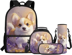 Cute Corgi Backpack for School Girls 4th/5th Grade Kids Bookbag with Lunch Box and Water Bottle Holder Large Pencil Case Set 4 In 1 Elementary Kindergarten School Bag Daycare Satchel Bags