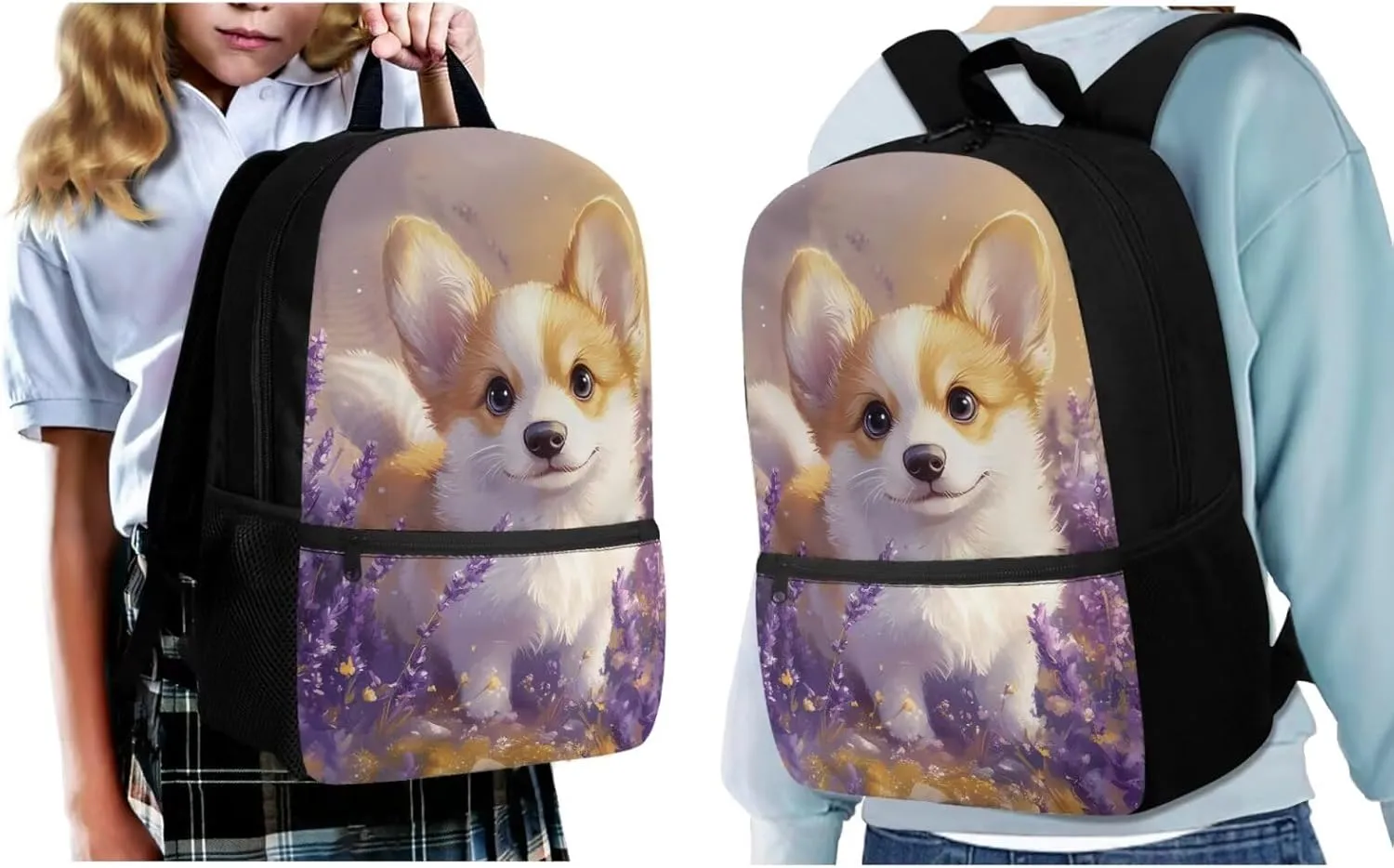 Cute Corgi Backpack for School Girls 4th/5th Grade Kids Bookbag with Lunch Box and Water Bottle Holder Large Pencil Case Set 4 In 1 Elementary Kindergarten School Bag Daycare Satchel Bags