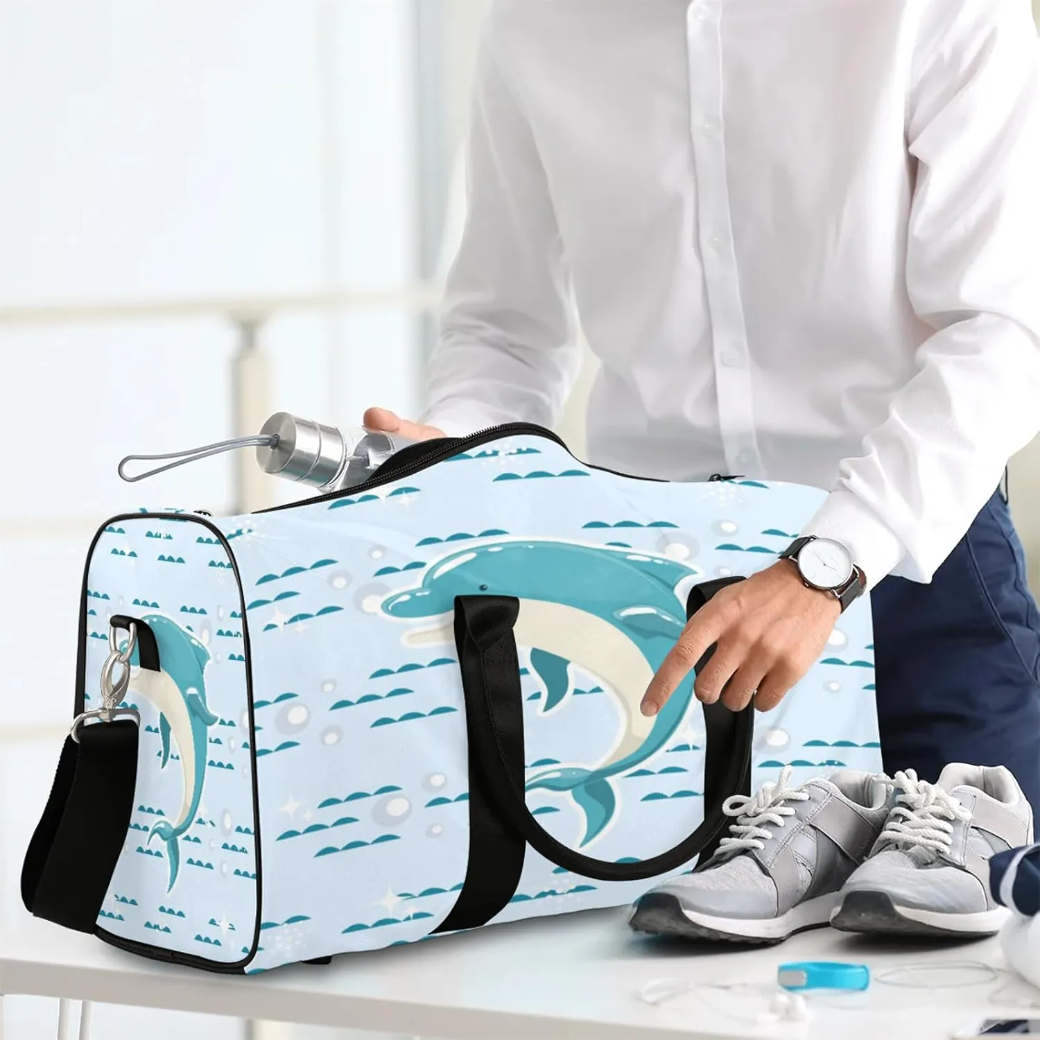 Cute Dolphin Travel Duffle Bag for Women Men, Carry On Overnight Bag, Weekend Travel Duffel Tote Bags for Trips Sport Hospital