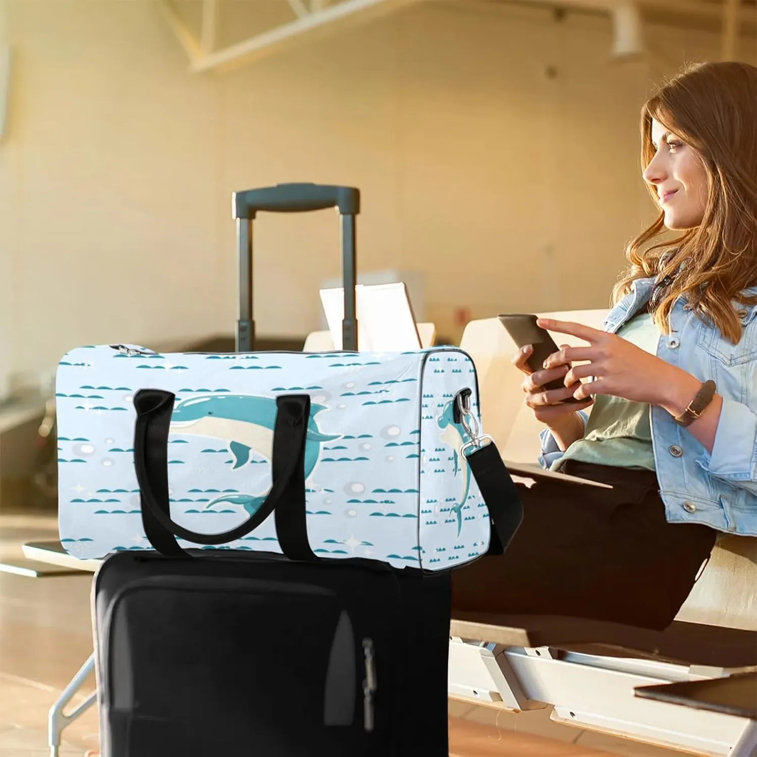 Cute Dolphin Travel Duffle Bag for Women Men, Carry On Overnight Bag, Weekend Travel Duffel Tote Bags for Trips Sport Hospital