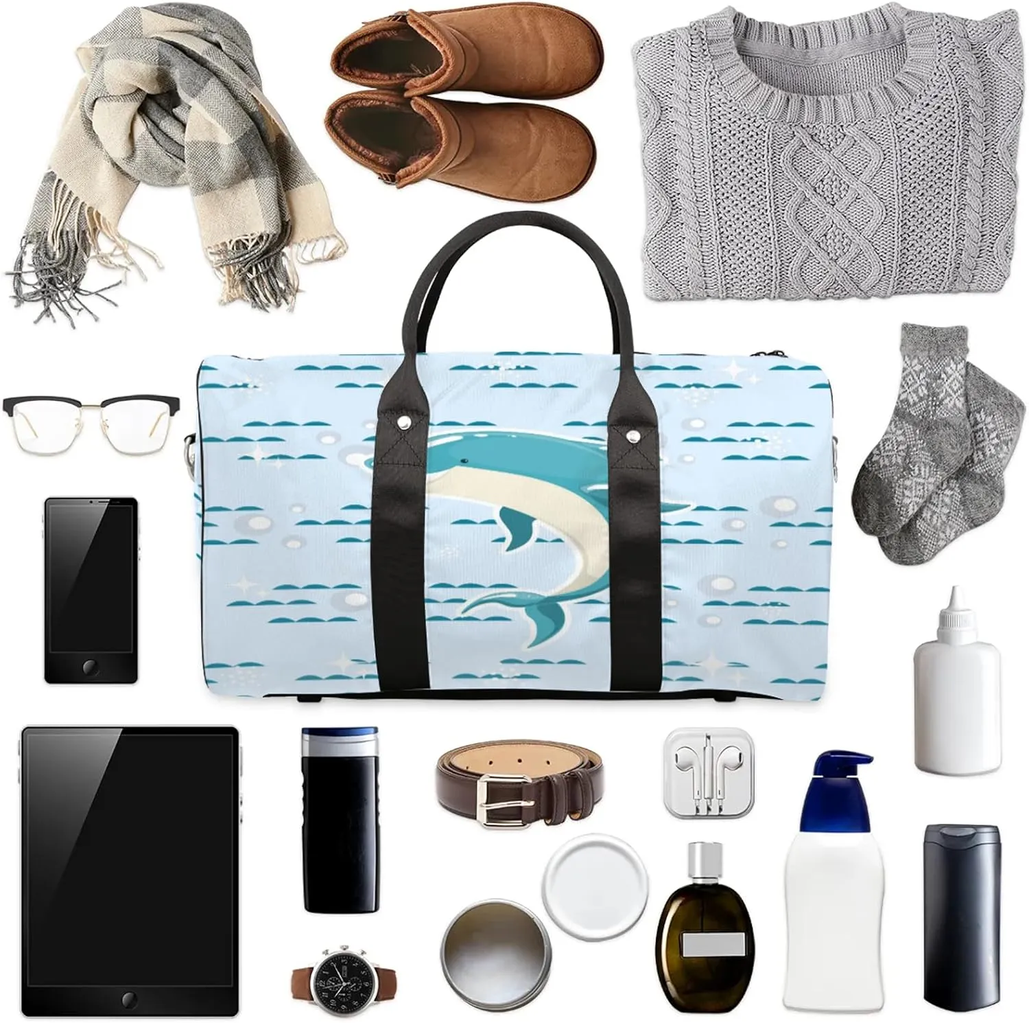 Cute Dolphin Travel Duffle Bag for Women Men, Carry On Overnight Bag, Weekend Travel Duffel Tote Bags for Trips Sport Hospital
