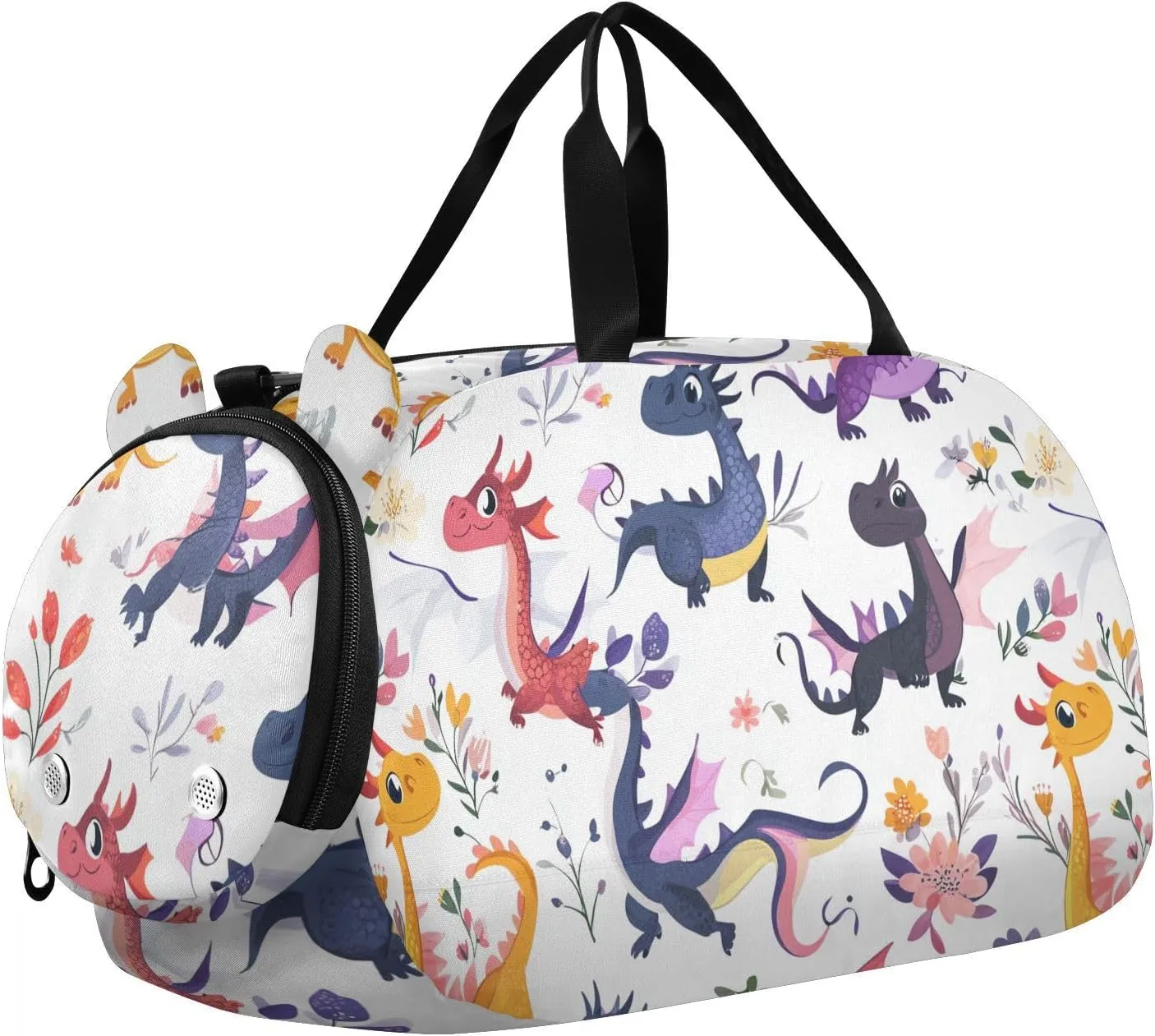 Cute Dragons White Small Gym Bag with Shoes Compartment Large Capacity Weekend Overnight Carry on Bag for Travel, Swimming, Dance, Ballet