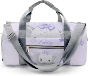 Cute Elephant Flower Purple Personalized Duffel Bag,Custom Travel Gym Bag with Name,Waterproof Sports Overnight Bag with Shoe Compartment & Shoulder Strap