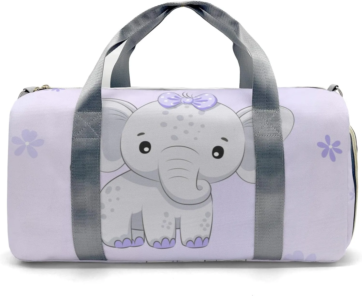 Cute Elephant Flower Purple Personalized Duffel Bag,Custom Travel Gym Bag with Name,Waterproof Sports Overnight Bag with Shoe Compartment & Shoulder Strap