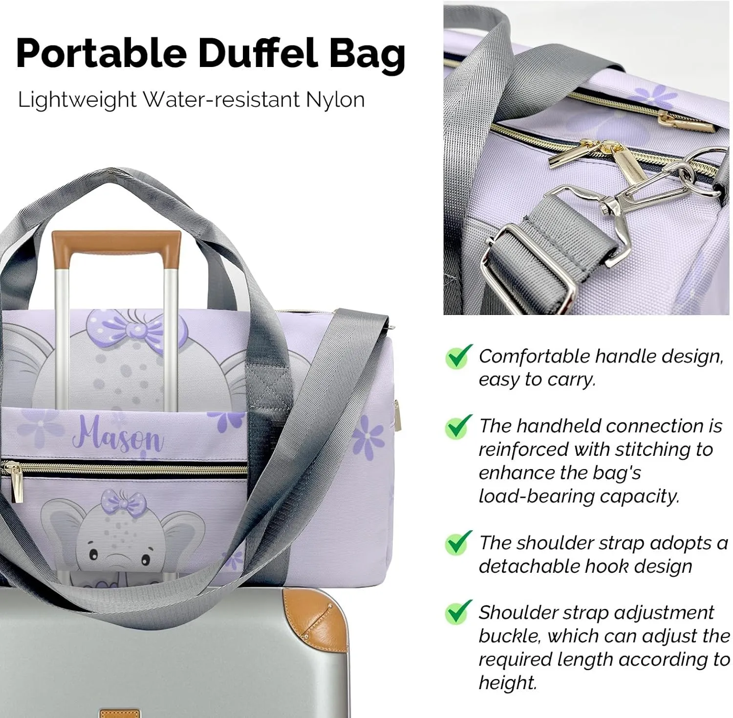 Cute Elephant Flower Purple Personalized Duffel Bag,Custom Travel Gym Bag with Name,Waterproof Sports Overnight Bag with Shoe Compartment & Shoulder Strap