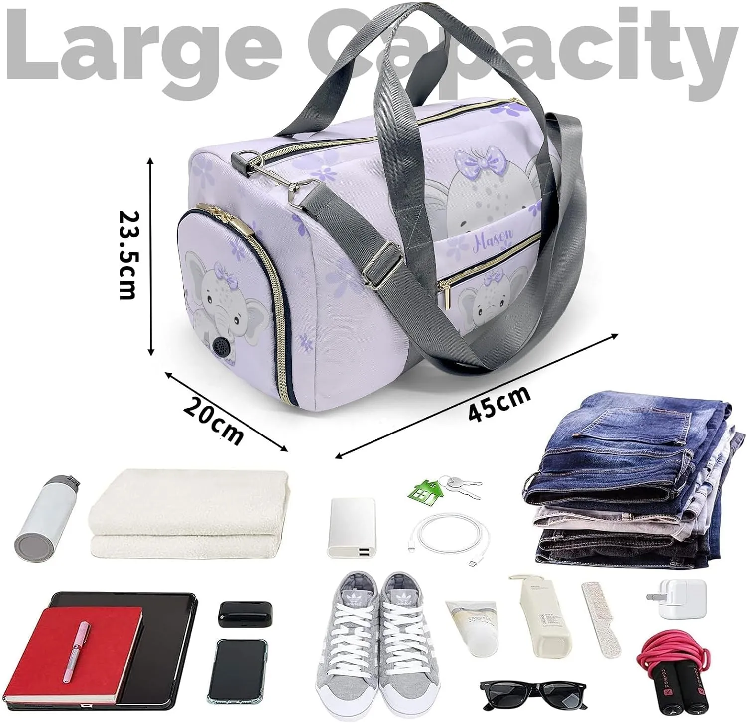 Cute Elephant Flower Purple Personalized Duffel Bag,Custom Travel Gym Bag with Name,Waterproof Sports Overnight Bag with Shoe Compartment & Shoulder Strap