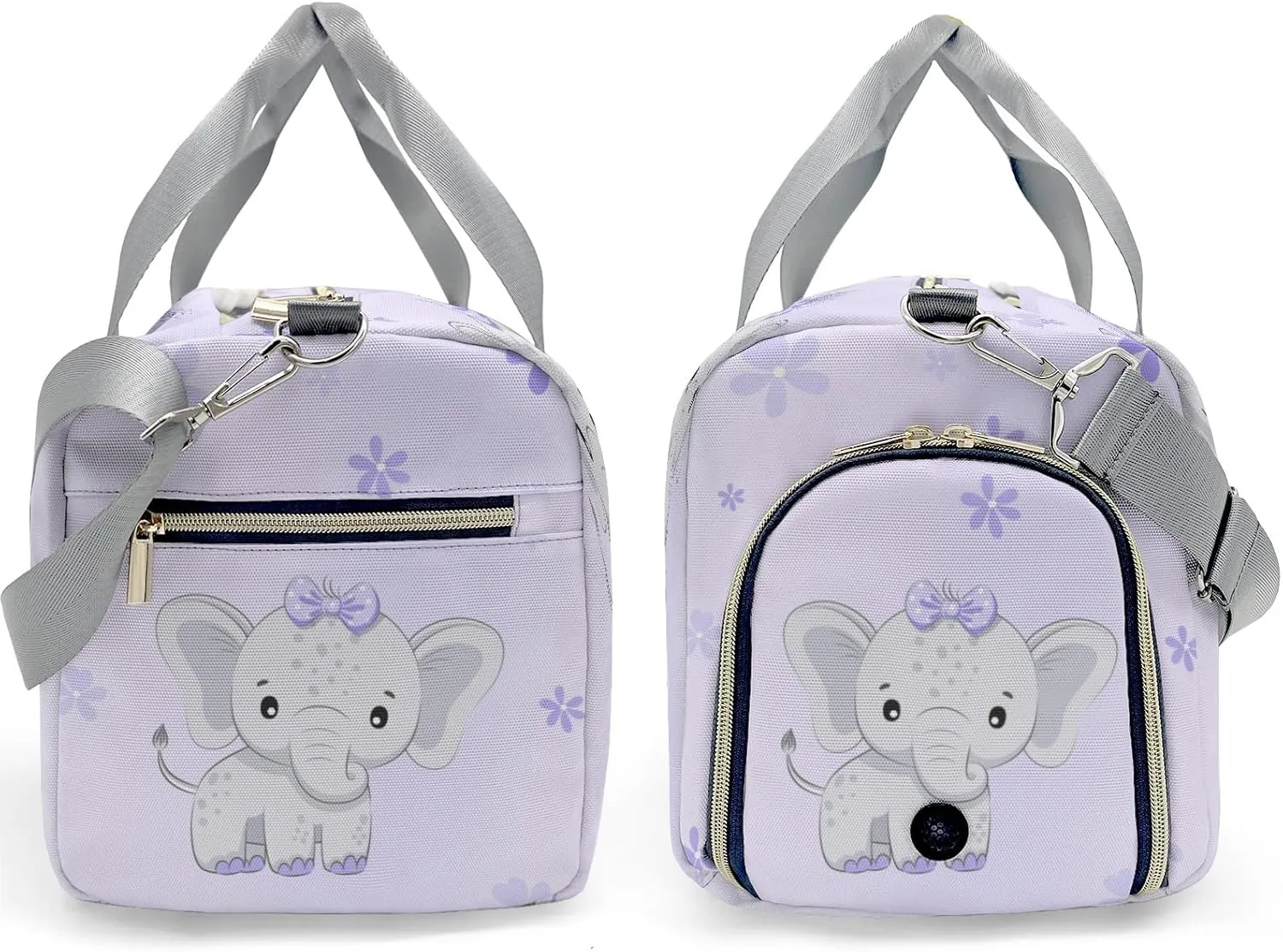 Cute Elephant Flower Purple Personalized Duffel Bag,Custom Travel Gym Bag with Name,Waterproof Sports Overnight Bag with Shoe Compartment & Shoulder Strap