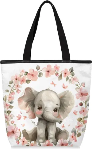 Cute Elephant Garland Canvas Tote Bag with Zipper and Pockets Canvas Tote Shopping Bag Women Reusable Grocery Bag for Beach Travel Gym Shopping