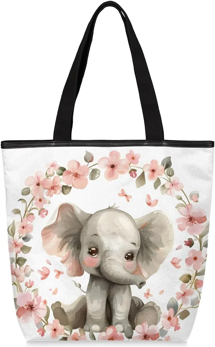 Cute Elephant Garland Canvas Tote Bag with Zipper and Pockets Canvas Tote Shopping Bag Women Reusable Grocery Bag for Beach Travel Gym Shopping