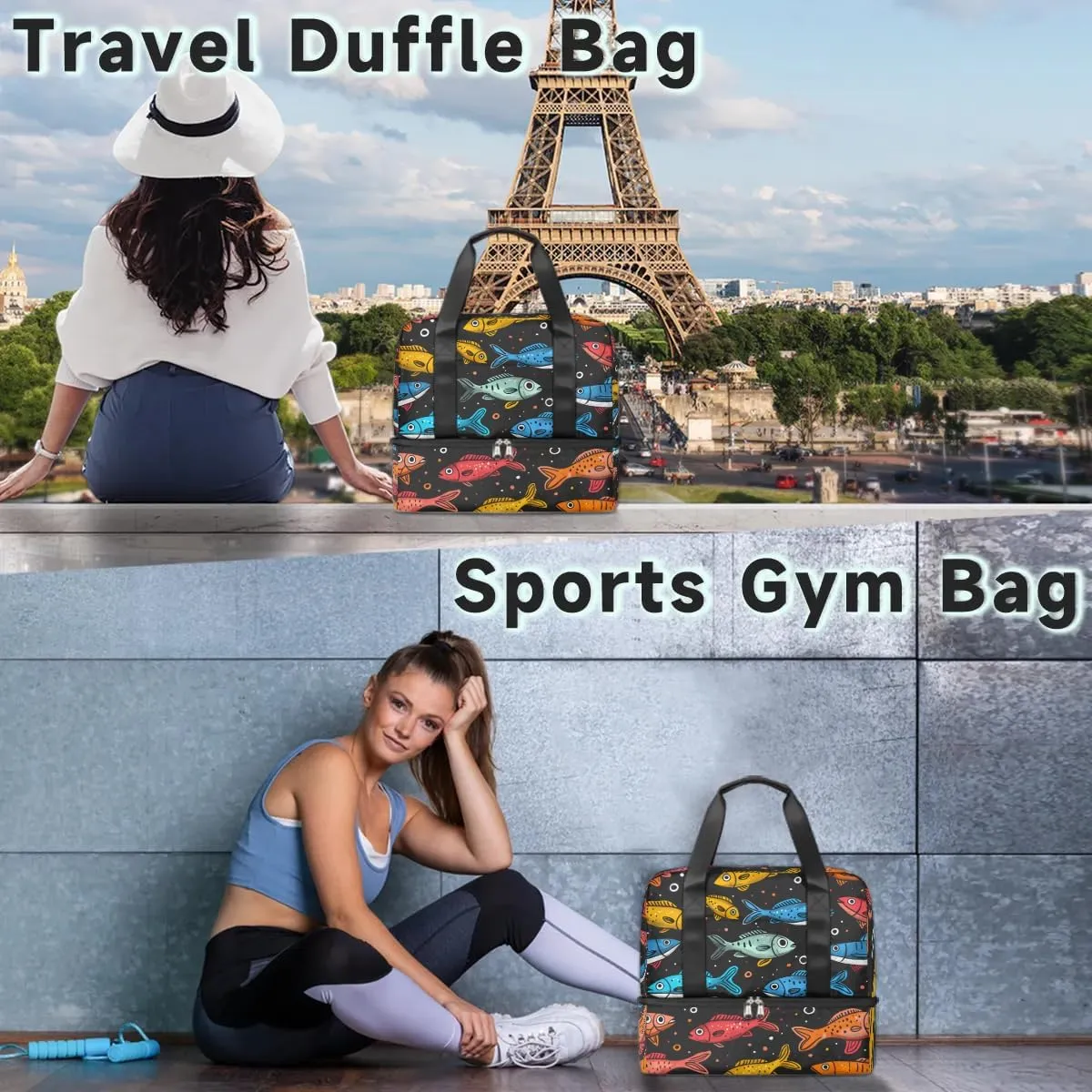 Cute Fishes Travel Duffel Bag Dry Wet Separated Sports Tote Travel Duffle Bag Gym Workout Bag Women Travel Duffel Bag for Women, Travel, Gym, Work