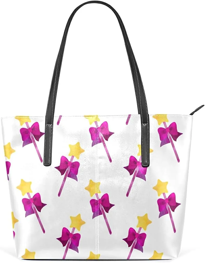 Cute Magical Wand Tote Bag for Women Leather Shoulder Handbag with Zipper and Pockets Fashion Casual Handle Bag Purse for Travel Beach Working Laptop School Gym Shopping