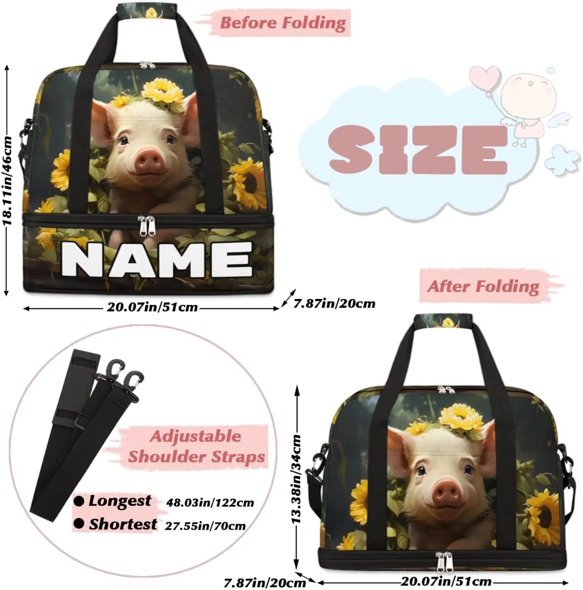 Cute Pig Sunflowers Custom Foldable Duffle Bag with Shoes Compartment Personalized Large Capacity Waterproof Travel Weekender Bag Overnight Bag for Sports Gym