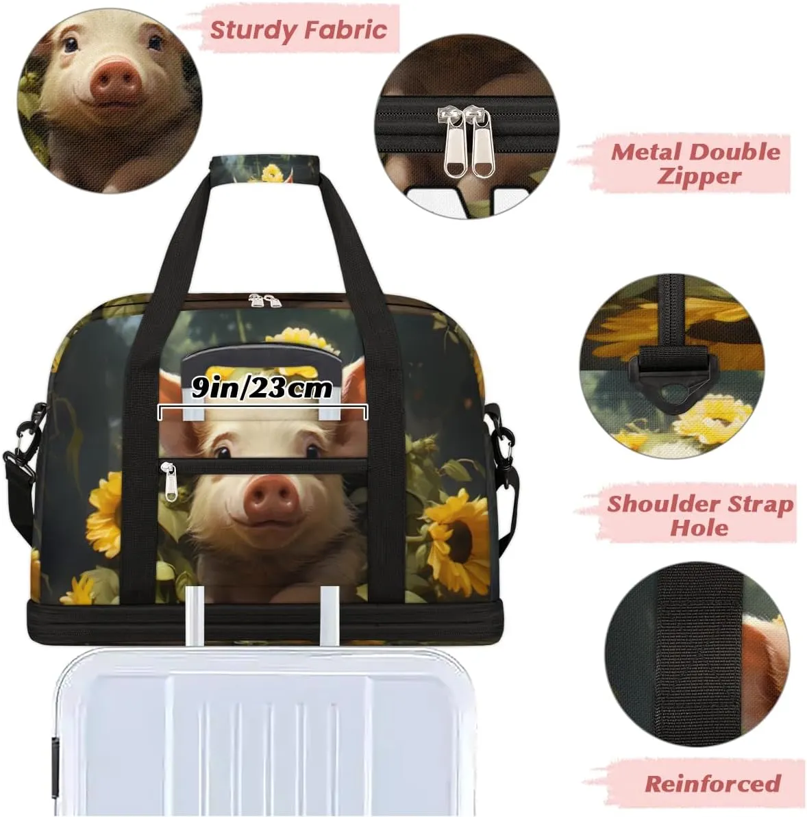 Cute Pig Sunflowers Custom Foldable Duffle Bag with Shoes Compartment Personalized Large Capacity Waterproof Travel Weekender Bag Overnight Bag for Sports Gym