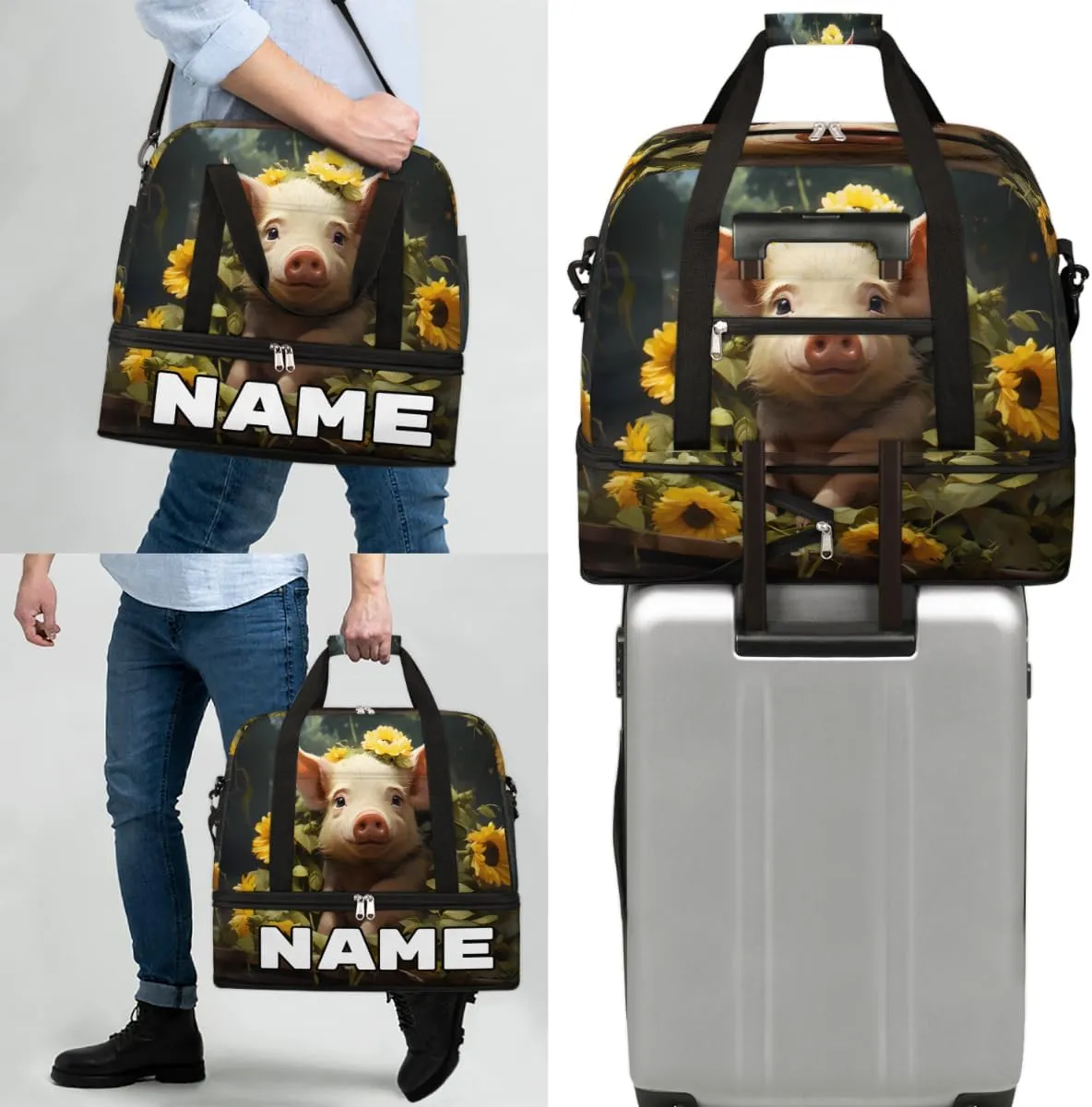 Cute Pig Sunflowers Custom Foldable Duffle Bag with Shoes Compartment Personalized Large Capacity Waterproof Travel Weekender Bag Overnight Bag for Sports Gym