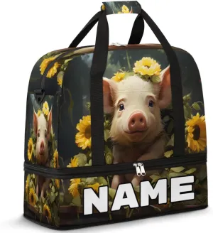 Cute Pig Sunflowers Custom Foldable Duffle Bag with Shoes Compartment Personalized Large Capacity Waterproof Travel Weekender Bag Overnight Bag for Sports Gym