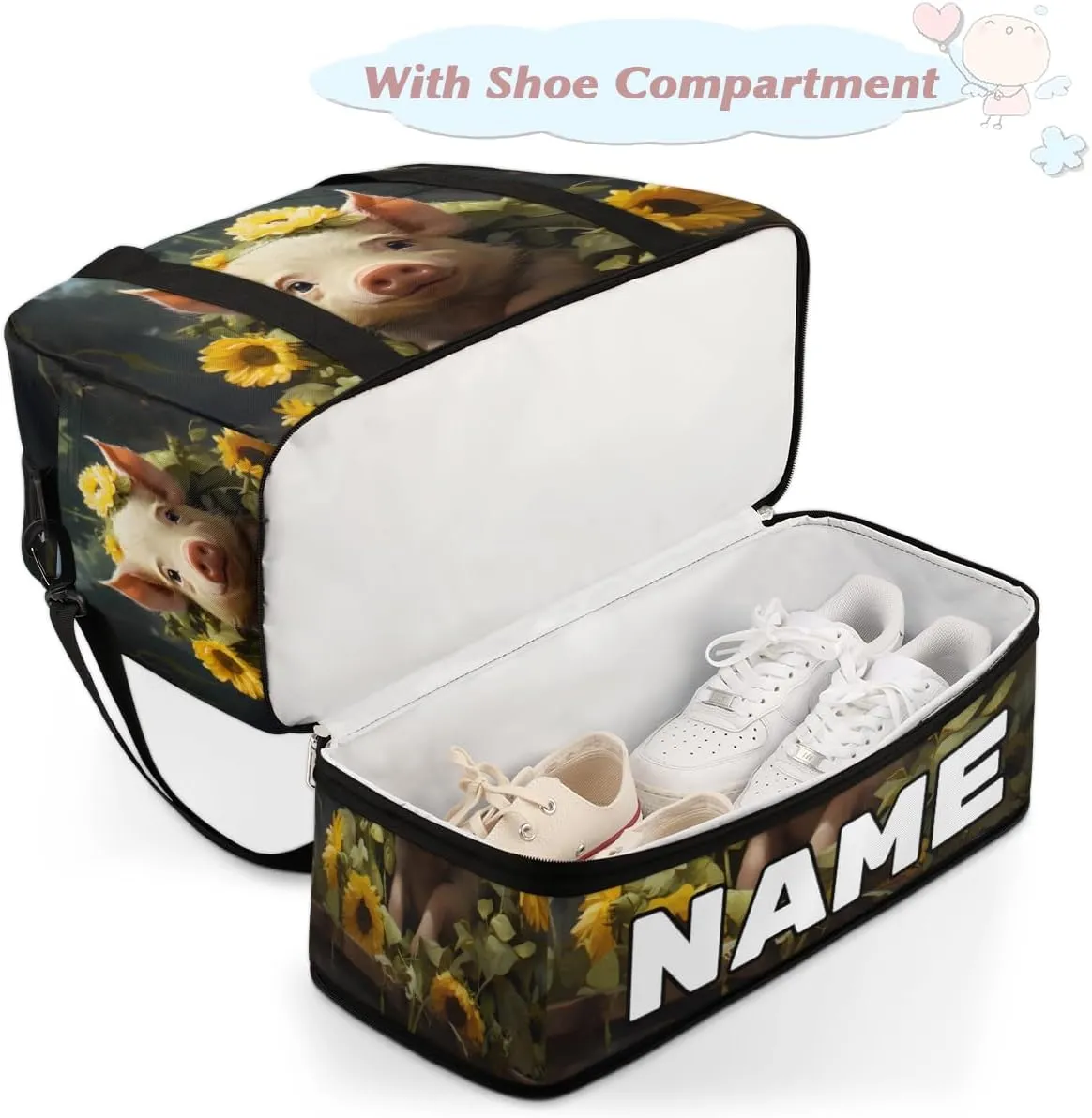 Cute Pig Sunflowers Custom Foldable Duffle Bag with Shoes Compartment Personalized Large Capacity Waterproof Travel Weekender Bag Overnight Bag for Sports Gym