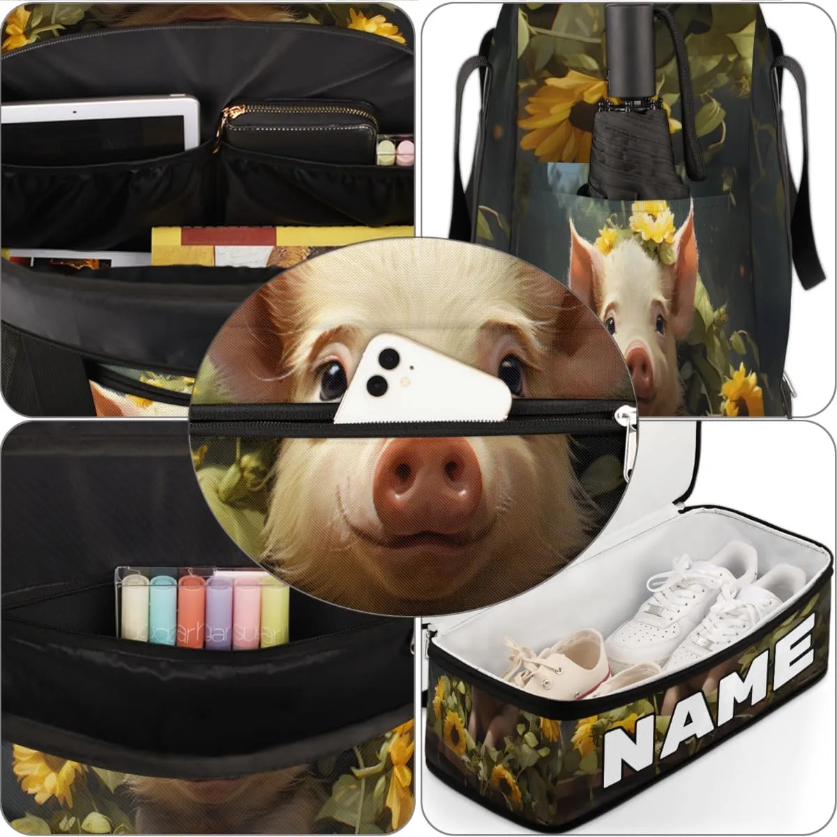 Cute Pig Sunflowers Custom Foldable Duffle Bag with Shoes Compartment Personalized Large Capacity Waterproof Travel Weekender Bag Overnight Bag for Sports Gym
